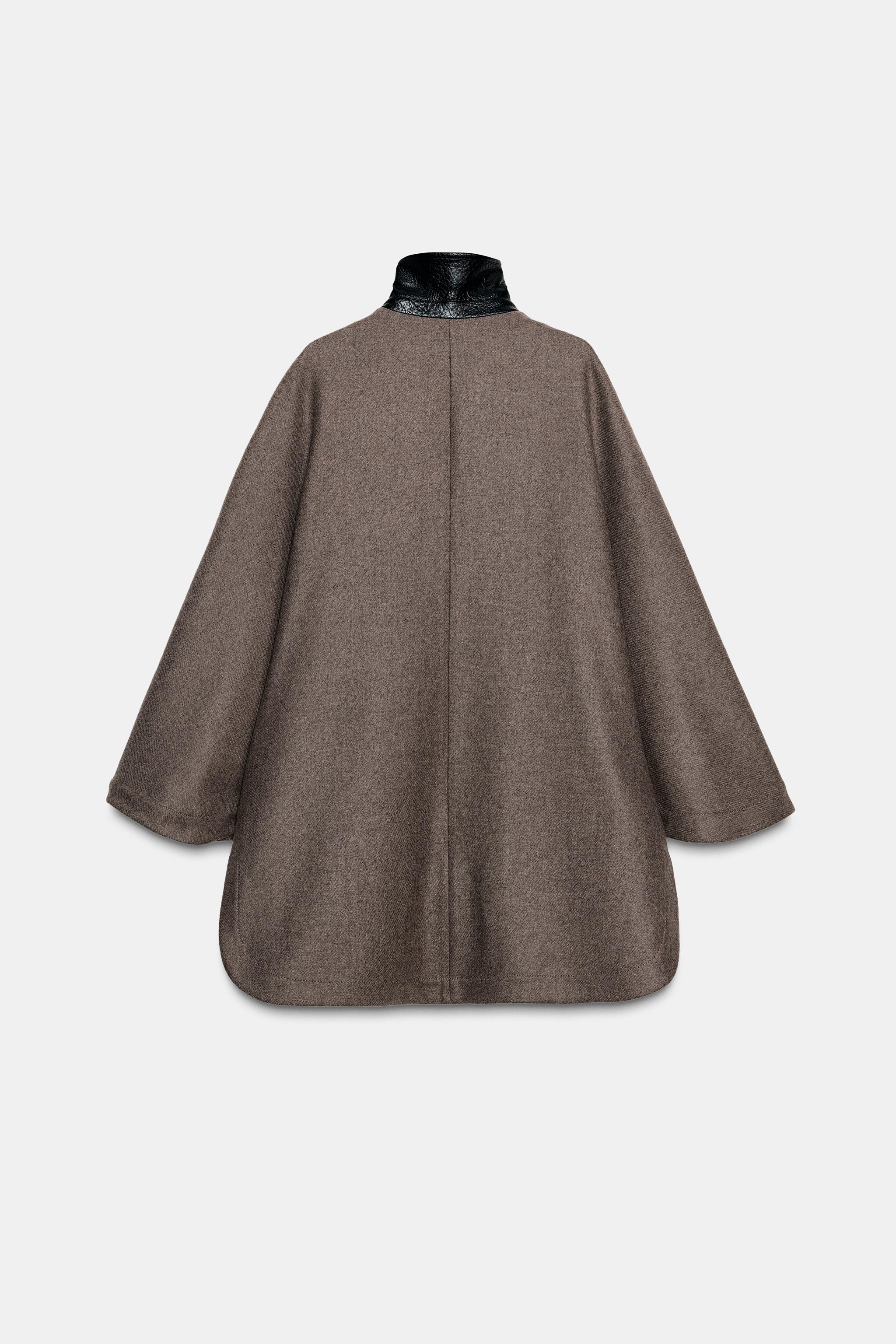 CONTRAST COLLAR WOOL BLEND CAPE COAT
